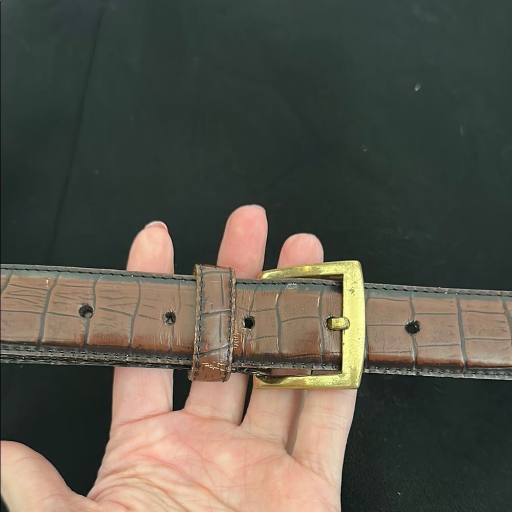 Liberty of London brown burnished cowhide leather belt brass buckle belt large